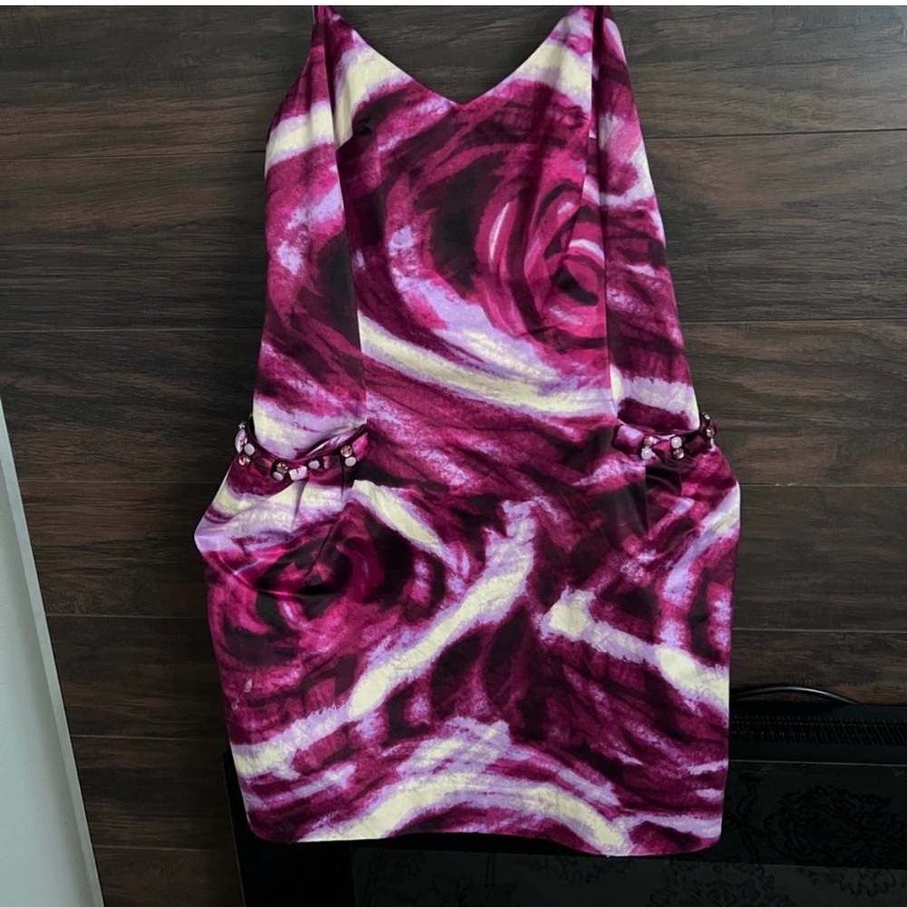 BCBGMaxAzria Floral Pink Mini Dress With Bejeweled pockets